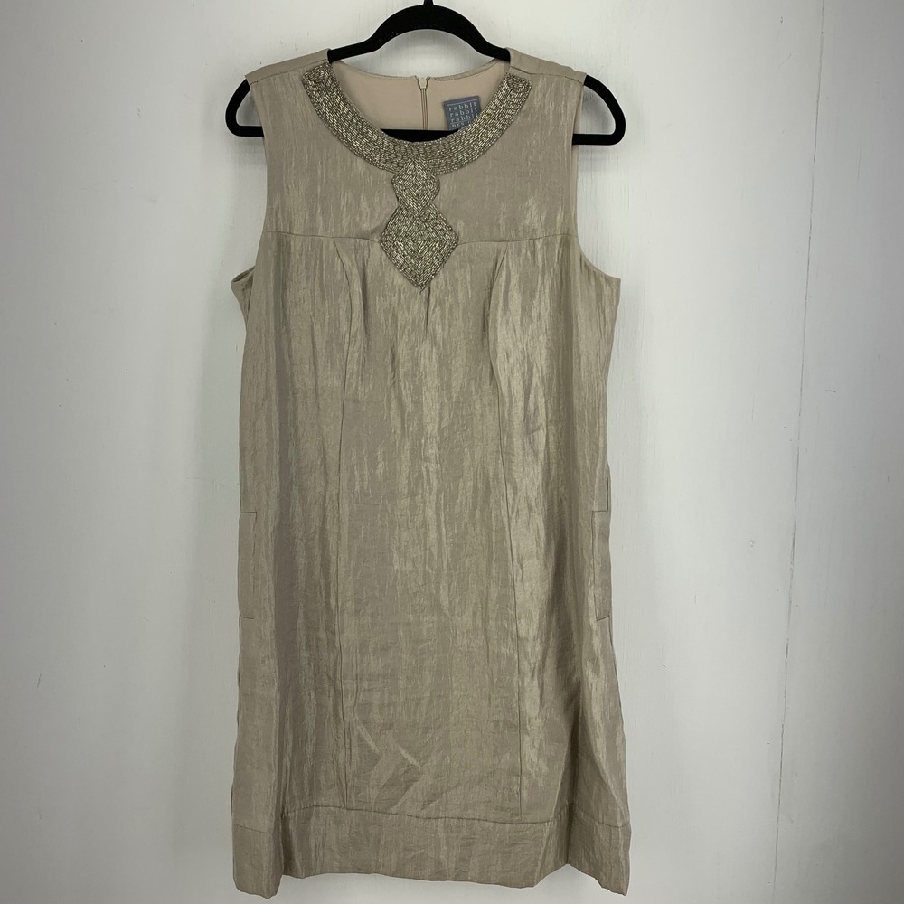 Rabbit Rabbit Designs Women 12 Gold Beaded Neck Shift Dress Luxe Metallic Event